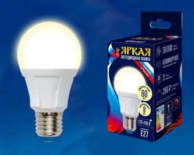фото Лампа LED-A60 8W/WW/E27/FR PLP01WH Лампа светодиодная. Форма «А», матовая. Серия Яркая. Теплый белый свет (3000K). Картон. ТМ Uniel