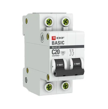Фото №0 Выключатель автоматический модульный 2п C 20А 4.5кА ВА 47-29 Basic EKF mcb4729-2-20C