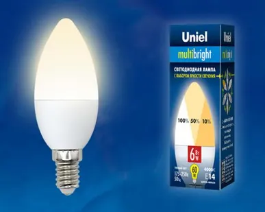 фото Лампа LED-C37-6W/WW/E14/FR/MB PLM11WH Лампа светодиодная. Форма «свеча», матовая. Серия MULTIbright. Теплый белый свет (3000K). 100-50-10. Картон. ТМ Uniel.