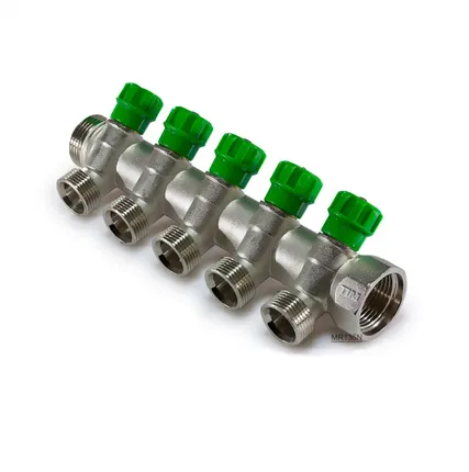 Фото №0 Коллектор распределительный 1" н.р. - в.р. с 5 отводами 45° - 3/4"ЕК (евроконус) TIM