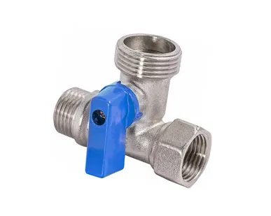 фото Тройник с шаровым краном для подключения сантехнических приборов, латунь, внутренняя/наружная/наружная резьба 1/2"х3/4"х1/2", индивидуальная упаковка, никель, RTP