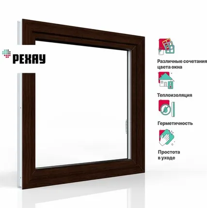 Фото №0 REHAU Пластиковое окно ПВХ REHAU BLITZ 900х900 мм (ВхШ) с учетом подставочного профиля одностворчатое, поворотно-откидное правое, двухкамерный стеклопакет, темный дуб снаружи