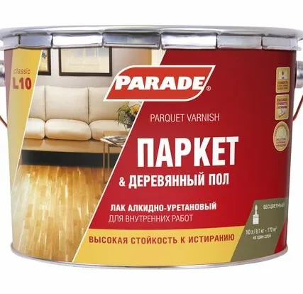 Фото №0 Лак паркетный алкидно-уретановый PARADE L10 Паркет & Деревянный пол Глянцев. 10л Россия