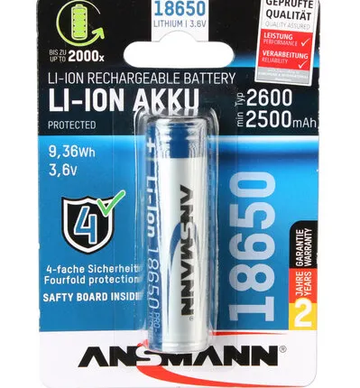 Фото №0 Аккумулятор 18650 Ansmann Li-Ion / 3,6 В / 2600 мА·ч с защитой