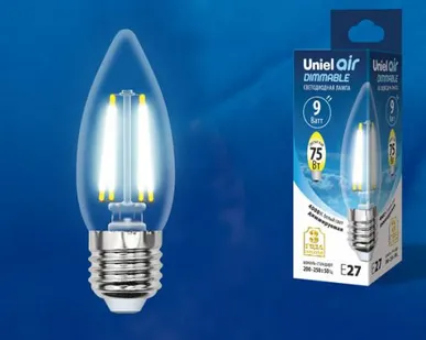 фото Лампа LED-C35-9W/4000K/E27/CL/DIM GLA01TR Лампа светодиодная диммируемая. Форма "свеча", прозрачная. Серия Air. Белый свет (4000K). Картон. ТМ Uniel.