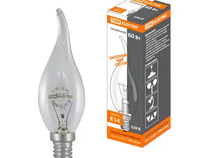 фото Лампа накаливания TDM 60 Вт-230 В-Е14 (SQ0332-0016) свеча на ветру прозрачная