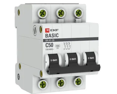 фото Выключатель автоматический модульный 3п C 50А 4.5кА ВА 47-29 Basic EKF mcb4729-3-50C