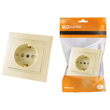 Фото №0 Розетка с заземлением с защитными шторками 16А слоновая кость "Таймыр"