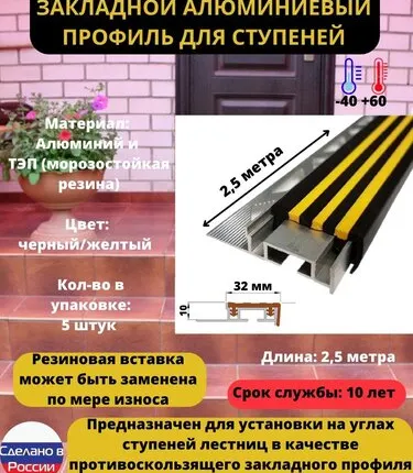 Фото №0 Противоскользящий закладной алюминиевый профиль для ступеней ALPBM 32 мм c резиновой вставкой, длина 2.5 метра, цвет резины черный/желтый, 5 штук