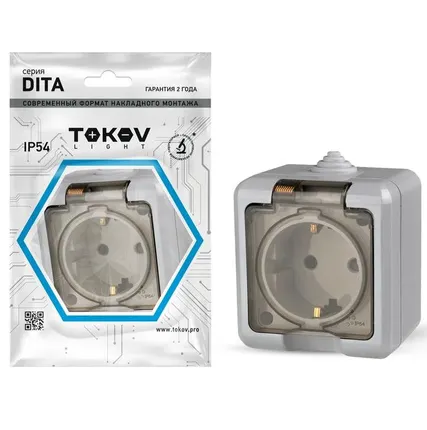 Фото №0 Розетка 1-м ОП Dita 16А IP54 250В с заземл. с прозрачн. крышкой сер. TOKOV LIGHT TKL-DT-R1Z-C06T-IP54