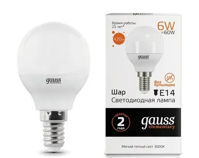 фото Светодиодная лампа Gauss Шар 6W 420Lm 3000K E14 53116