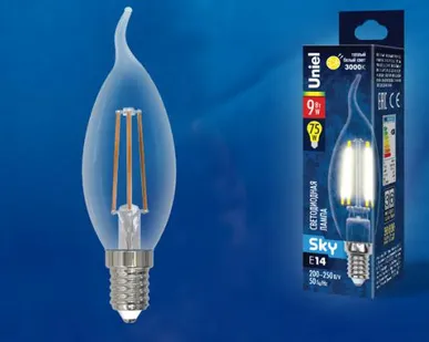 фото Лампа LED-CW35-9W/3000K/E14/CL PLS02WH Лампа светодиодная. Форма "свеча на ветру", прозрачная. Серия Sky. Теплый белый свет (3000К). Картон. ТМ Uniel.