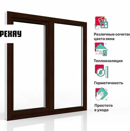 Фото №0 REHAU Пластиковое окно ПВХ REHAU BLITZ 1400х1400 мм (ВхШ) с учетом подставочного профиля двухстворчатое, глухое левое / поворотно-откидное правое, двухкамерный стеклопакет, темный дуб снаружи