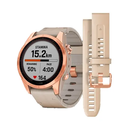 Фото №0 Часы Garmin Fenix 7S Sapphire Solar титановый цвета розовое золото с песчаным кожаным ремешком