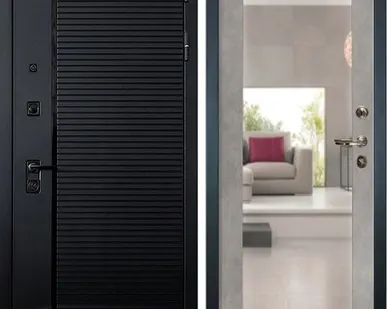 фото Входная дверь Гранд Роял черный кварц-116 зеркало шагрень серая