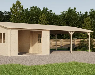 фото Гараж 52 дуэт с навесом (Комфорт) - брус 44 мм