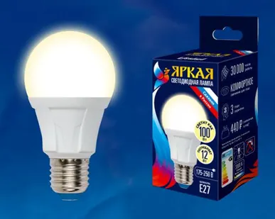 фото Лампа LED-A60 12W/WW/E27/FR PLP01WH Лампа светодиодная. Форма «А», матовая. Серия Яркая. Теплый белый свет (3000K). Картон. ТМ Uniel