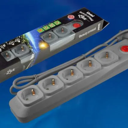 Фото №0 Сетевой фильтр S-GSL5-3 GREY Cетевой фильтр серии Lux, 3м (Пвс 3*0,75), 5 гнезд, с/з. 10А. Защита от перенапряжения, короткого замыкания. TM Uniel.