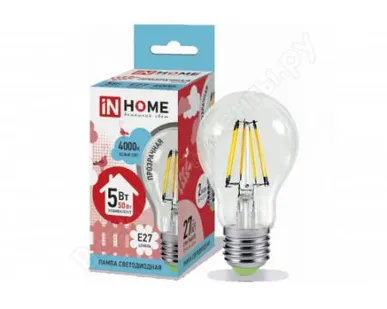 фото Лампа светодиодная LED-A60-deco 5Вт 230В Е27 4000К 450Лм прозрачная IN HOME