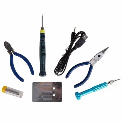 Фото №0 Набор для пайки №16 (USB-паяльник 8Вт, кусачки, тонкогубцы, подставка, припой, отвертка) (12-0168)