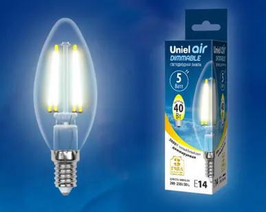 фото Лампа LED-C35-5W/WW/E14/CL/DIM GLA01TR Лампа светодиодная диммируемая. Форма "свеча", прозрачная. Серия Air. Теплый белый свет (3000K). Картон. ТМ Uniel