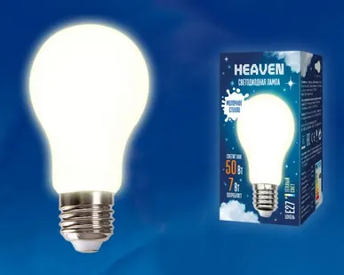 фото Лампа LED-A60-7W/3000K/E27/FR GПереходник LH01WH Лампа светодиодная. Форма "A", матовая. Серия Heaven. Теплый белый свет (3000K). Картон. ТМ Uniel