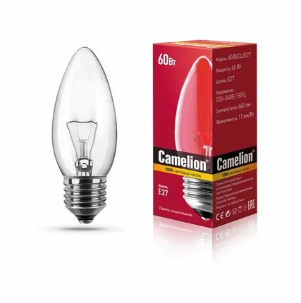 Фото №0 Лампа накаливания CAMELION B 60W CL E27 свеча, прозрачная