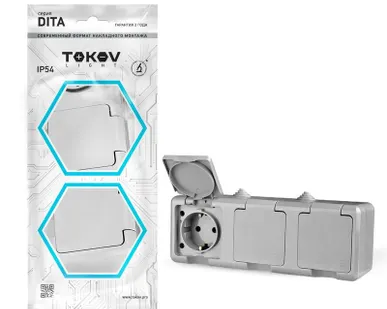 фото Розетка 3-м ОП Dita 16А IP54 250В с заземл. с сер. крышкой сер. TOKOV LIGHT TKL-DT-R3Z-C06-IP54