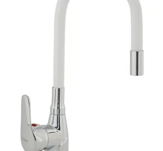 фото Смеситель ARCO кухня 40 мм, ручка боковая, с гайкой, гибкий излив БЕЛЫЙ, А47(1)01WT