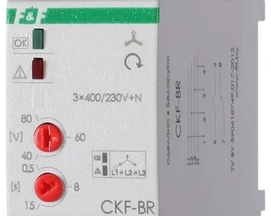 фото Реле контроля наличия и чередования фаз CKF-BR (монтаж на DIN-рейке 35мм; регулировка порога отключения; регулировка времени отключения; 3х400/230+N 2х8А 1Z 1R IP20) F&F EA04.002.003