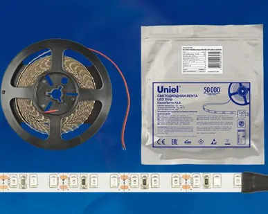 фото Светодиодная лента ULS-2835-60LED/m-8mm-IP65-DC12V-9,6W/m-5M-DW Гибкая светодиодная герметичная лента на самоклеящейся основе. Катушка 5 м. в герметичной упаковке. Дневной белый свет. ТМ Uniel.