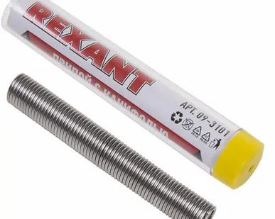 фото Припой ПОС 90 с канифолью REXANT, 10 г, Ø1.0 мм, (олово 90%, свинец 10%), колба