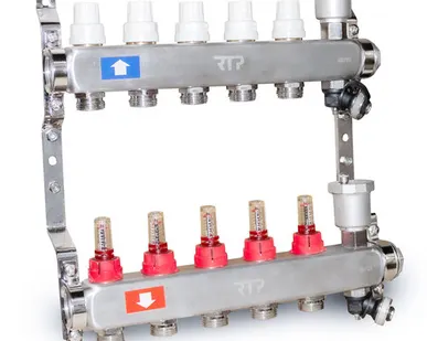 фото Коллекторная группа с регулирующими клапанами, расходомерами, воздухоотводчиками, обратными и дренажными клапанами, кронштейном (евроконус 3/4") нержавеющая сталь SUS 304 1"х 5 выходов, RTP