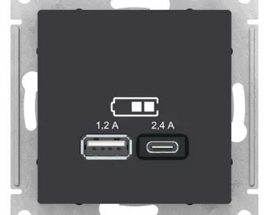 фото Механизм розетки USB AtlasDesign A+С 5В/2.4А 2х5В/1.2А карбон SchE ATN001039