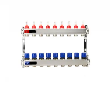 фото Коллекторная группа Varmega из нержавеющей стали 1" на 9 контуров с расходомерами и автоматическим воздухоотводчиком