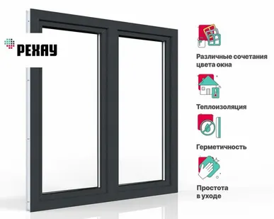 фото REHAU Пластиковое окно ПВХ REHAU BLITZ 1200х1200 мм (ВхШ) с учетом подставочного профиля, двухстворчатое, поворотно-откидное левое / правое, двухкамерный стеклопакет, антрацитово-серый снаружи