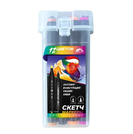 Фото №0 Маркеры д/скетчинга 2-стор. 12 цв. (Феникс) УТОЧКА-МАНДАРИНКА, 2 неон. цвета 62461