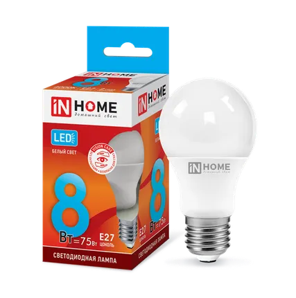 Фото №0 IN HOME Лампа светодиодная 8Вт 230В Е27 4000К 720Лм A60 груша LED-A60-VC IN HOME