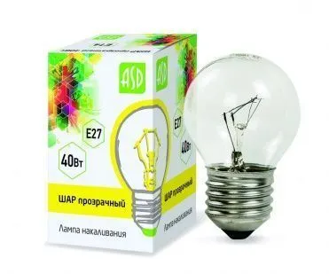 фото Лампа накаливания Е27, 40W, P45 шарCL прозрачный ASD