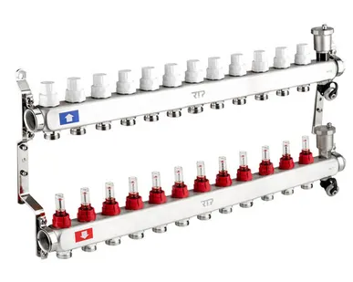 фото Коллекторная группа с регулирующими клапанами, расходомерами, воздухоотводчиками, обратными и дренажными клапанами, кронштейном (евроконус 3/4") нержавеющая сталь SUS 304 1"х 12 выходов, RTP