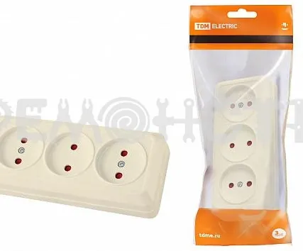 Фото №0 Розетка 3-х местная горизонтальная 2П открытой установки IP20 10A с з/ш сл.кость ЛадогаTDM(6/60)П зз