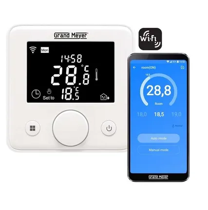 Фото №1 Термостат прогр. W330 с функцией Wi-Fi (Android/iOS) датчик пола; датчик воздуха 3.6кВт 16А бел. Grand Meyer W330