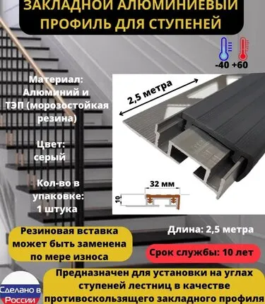 Фото №0 Противоскользящий закладной алюминиевый профиль для ступеней ALPBM 32 мм c серой резиновой вставкой, длина 2.5 метра, 1 штука