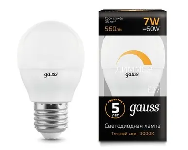 фото Светодиодная лампа Gauss Шар 7W 560Lm 3000K E27 105102107-D