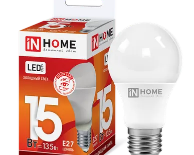 фото IN HOME Лампа светодиодная 15Вт Е27 6500К 1350Лм A60 груша LED-A60-VC IN HOME