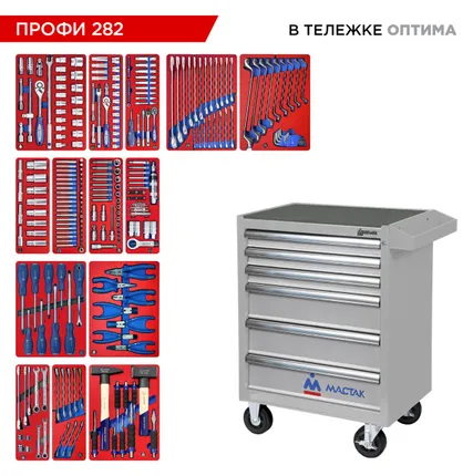 Фото №20 Набор инструментов 282 предмета, quot;ПРОФИ 282 quot;, в серой тележке МАСТАК 52-06282G