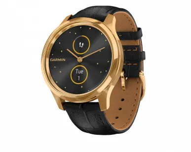 фото Часы Garmin Vivomove Luxe золотистые черные с кожаным ремешком