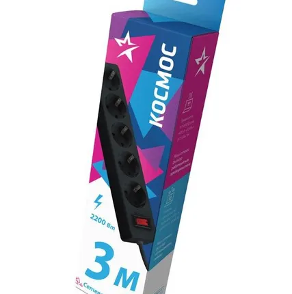 Фото №1 Удлинитель с сетевым фильтром 5х3м с заземл. 10А IP20 2.2кВт 3х0.75 индикатор сети черн. Космос FKsm3m-5g(B)