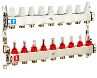фото Коллекторная группа с расходомером и кронштейном (евроконус 3/4") нержавеющая сталь SUS 304 1"х 9 выходов, RTP