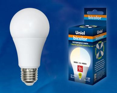 фото Лампа LED-A60-9W/WW+NW/E27/FR PLB01WH Лампа светодиодная. Форма «А», матовая. Серия Bicolor. Теплый белый свет - Белый свет. Картон. ТМ Uniel.
